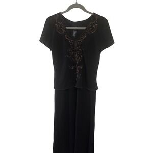 Vintage 80s POSITIVE ATTITUDE Black Beaded V Neck Short Sleeve Maxi Dress Size 6